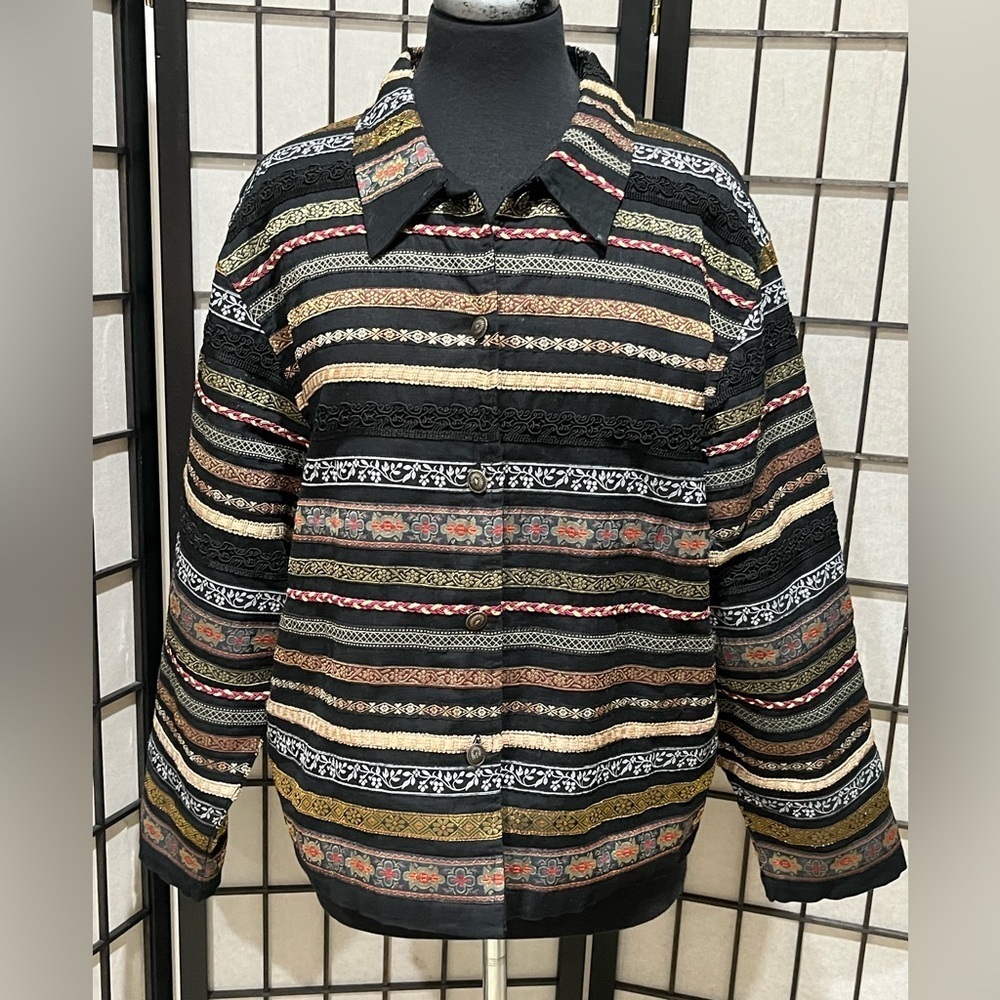 Tantrums Collection Black LACE STRIPE TRIM EMBELLISHED BOHO WOMENS JACKET SIZE L